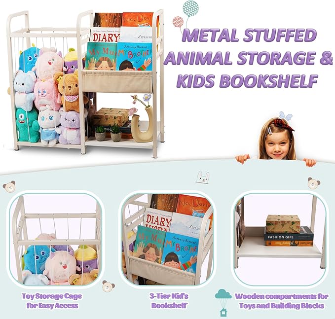 Trycooling Stuffed Animal Storage with Kids Bookshelf Book and Toy Organizer for Kids 3-Tier Bookshelf Organize Books with Elastic Cord Stuffed Animal Holder for Plushie Toys, for Kids Room, Playroom