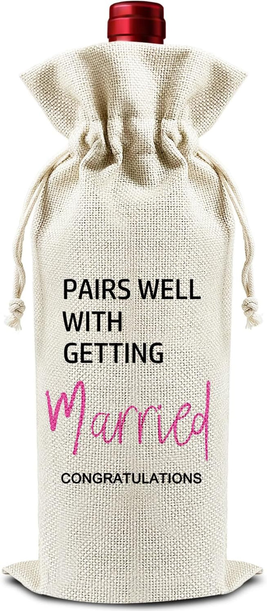 Pairs Well With Getting Married - Gifts for Newlyweds Wine Bags, 1 PC Reusable Drawstring Burlap Wine Bottle Bags, Wedding Gifts for Bride Groom, Wine Gift Bag Wine Accessories -34