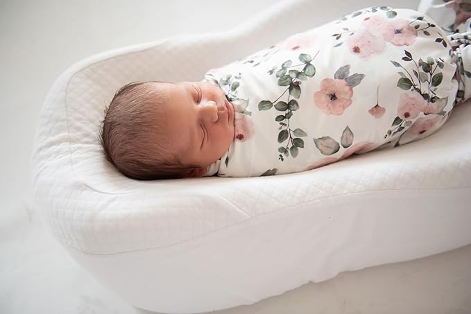 Newborn Baby Girl Swaddle and Headband Sets Receiving Blanket Stretchy Knit Swaddle Set(Green Leaf and Pink Floral)