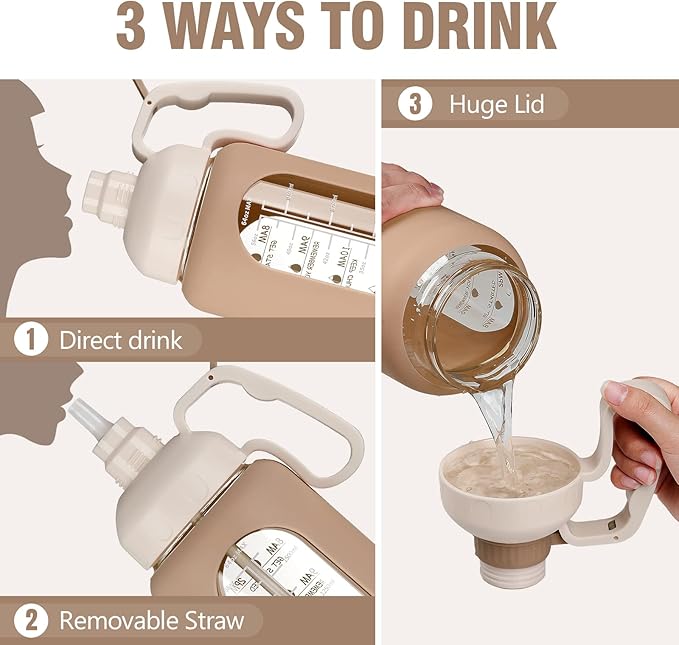 MUKOKO 64oz Glass Water Bottles with Straw, Half Gallon Water Bottle with Time Marker, Motivational Water Bottle with Silicone Sleeves,Large Glass Water Bottle for Gym,Working,Outdoor,Amber