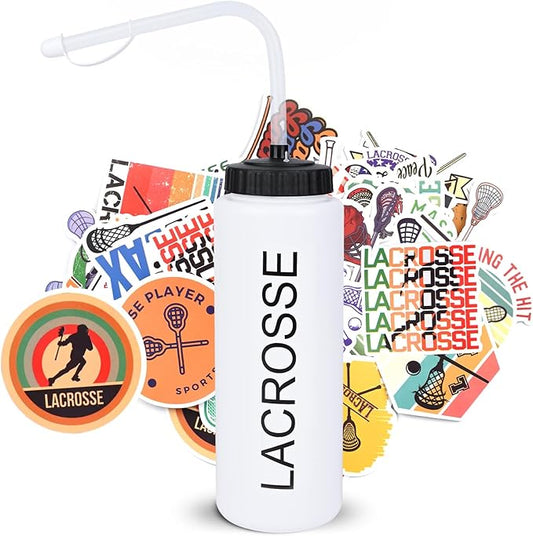 Lacrosse Gifts for Boys Gifts,Lacrosse Water Bottle with Long Straw and 50PCS Stickers Accessories Stuff for Player Lovers(1L,BPA,Squeeze)