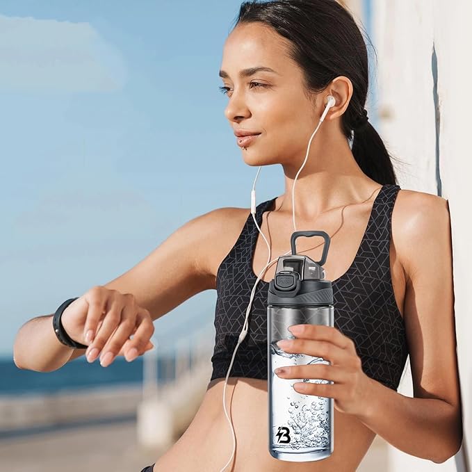 Clear Water Bottle, Reusable Sports Water Bottle Tritan with Leak-Proof Flip Top Lid and Carry Handle for Travel, Gym, Office, Outdoor (Gray, 21 Oz)