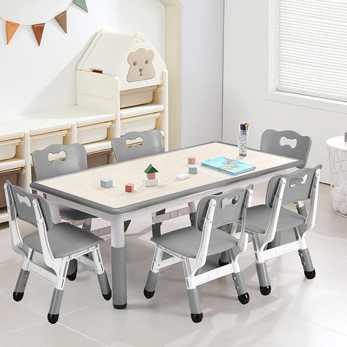 Kids Table and 6 Chair Set - Height Adjustable, Multifunctional Desk, Ergonomically Designed Chairs, Max 300lbs, for Ages 2-10, Classroom, Daycares, Home