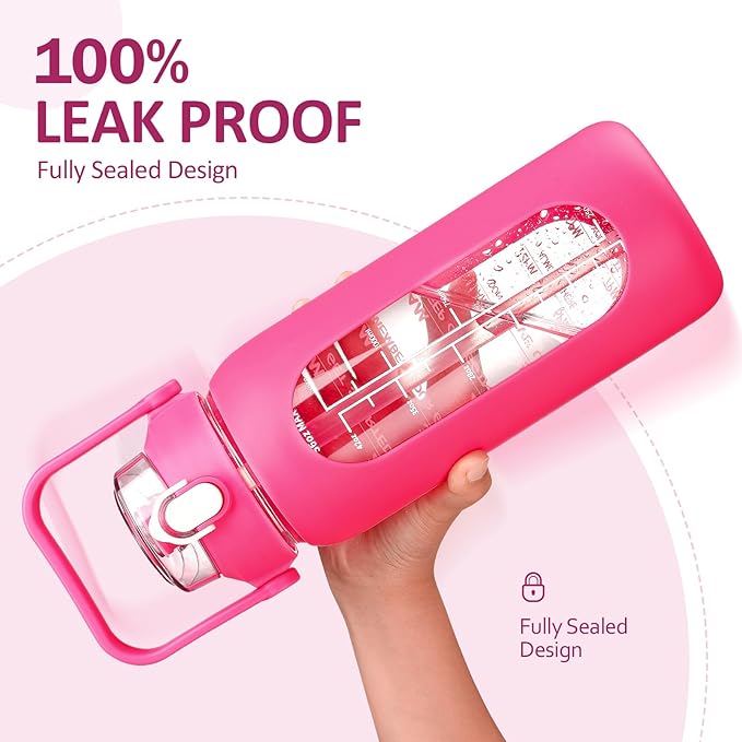 kytffu 56oz Glass Water Bottles with Straw, Motivational Glass Bottle with Silicone Sleeve and Time Marker, Leakproof Large Glass Water Jug for Gym Home Office,Rose red