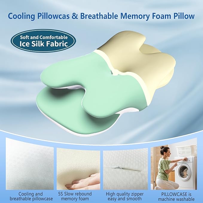 Cervical Neck Pillow for Pain Relief, Contour Memory Foam Pillow with Ice Silk Pillowcase, Neck Support Pillows, Ergonomic Orthopedic Pillow for Back, Side, Stomach Sleepers (Green)