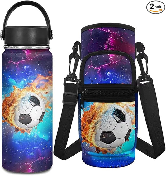 Soccer 20 OZ Stainless Steel Water Bottle Boys 2 Pcs Water Bottle Holder Carrier Sling Water Bottle Pouch Sleeve Vacuum Bottle