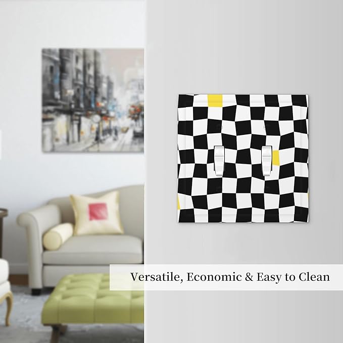 Black and White Distorted Squares Double Toggle Light Switch Covers 2 Gang Wall Plate Dual Decorative Switchplate Electrical Faceplate for Bathroom Country Kitchen Bedroom Decor, 4.9" x 5"
