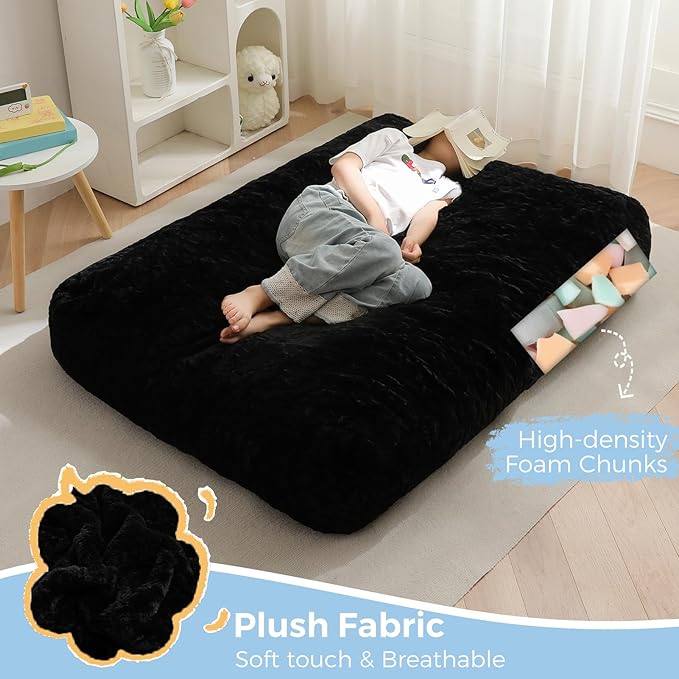 MAXYOYO Bean Bag Chair Bed for Kids, Convertible Bean Bag Folds from Lazy Chair to Floor Mattress Bed, Stuffed Floor Sofa Couch Sofa Bed for Boys and Girls, High-Density Foam Filling, Black