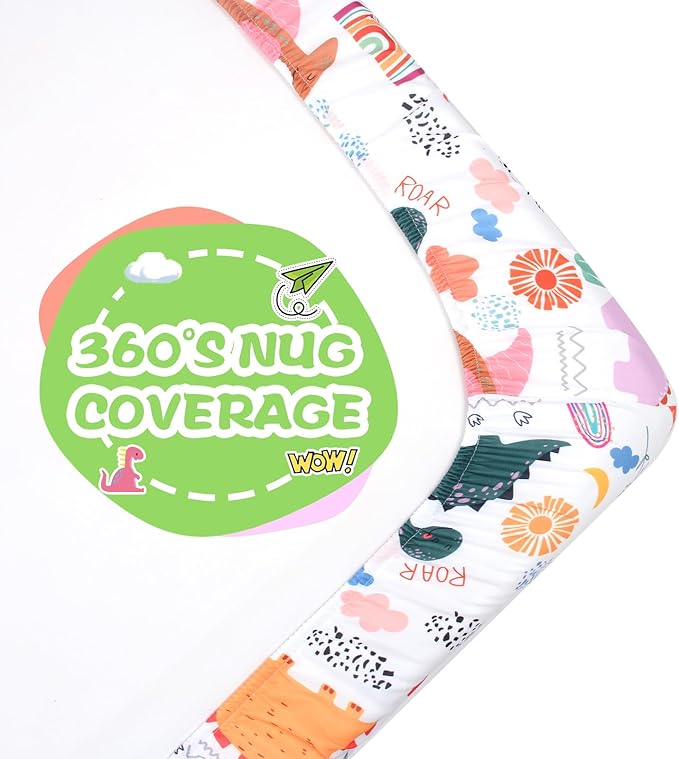 JISEN Baby Crib Sheet 1 Piece Portable Fitted Crib Sheet for Standard Crib and Toddler Mattresses Nursery Bed Decor for Boys Girls 28x52 Inch Multicolor Dinosaurs