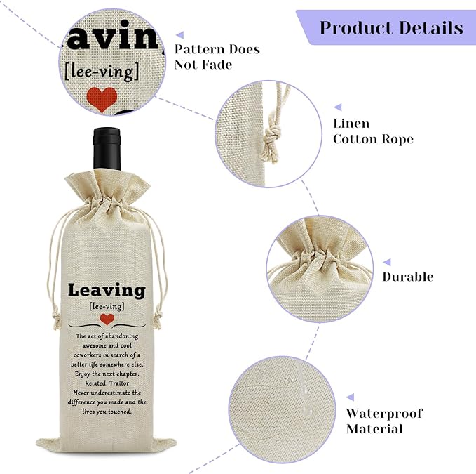Farewell Gift Coworker Leaving Gifts for Coworkers Wine Bag for New Job Gifts for Colleague Drawstring Wine Bottle Bag Goodbye Gift for Boss Women Men Friends Reusable Burlap Wine Gift Bag