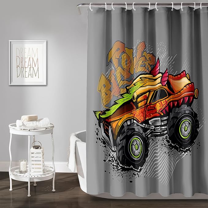 AILONEN Truck Shower Curtain for Kids Boys Teens,Red Monster Truck Bath Curtain for Bathroom Decor,Jam Truck Polyester Waterproof with 12 Plastic Hooks 72" W*72" H