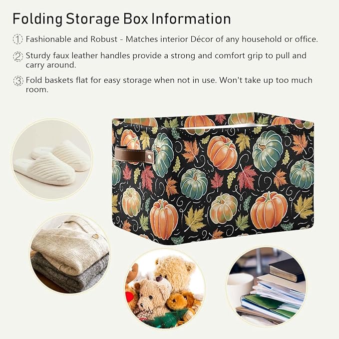 Pumpkin Black Storage Basket Fabric Kitchen Baskets Fall Maple Leaves Autumn Open Home Storage Bins Boxes Foldable Organizer Bag for Baby Cloth Pet Toy Book Shelf Closet Baskets 16×12×8 Inches