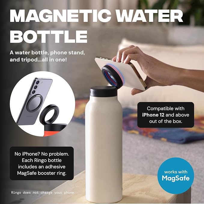 Ringo Insulated Water Bottle - Compatible MagSafe Water Bottle w/Phone Holder - Stainless Steel School Water Bottle w/Magnetic Phone Mount for Kids & Adult-Hot 12H, Cold 24H 360° Rotate - Ivory 24oz