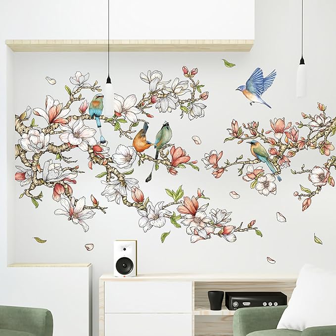 Orchid Blossom Tree Branch Wall Decals Peel and Stick Birds Vinyl Wall Stickers 3D Wall Art Stickers Home Decor for Gilrs Bedroom Nursery Rooms Living Room