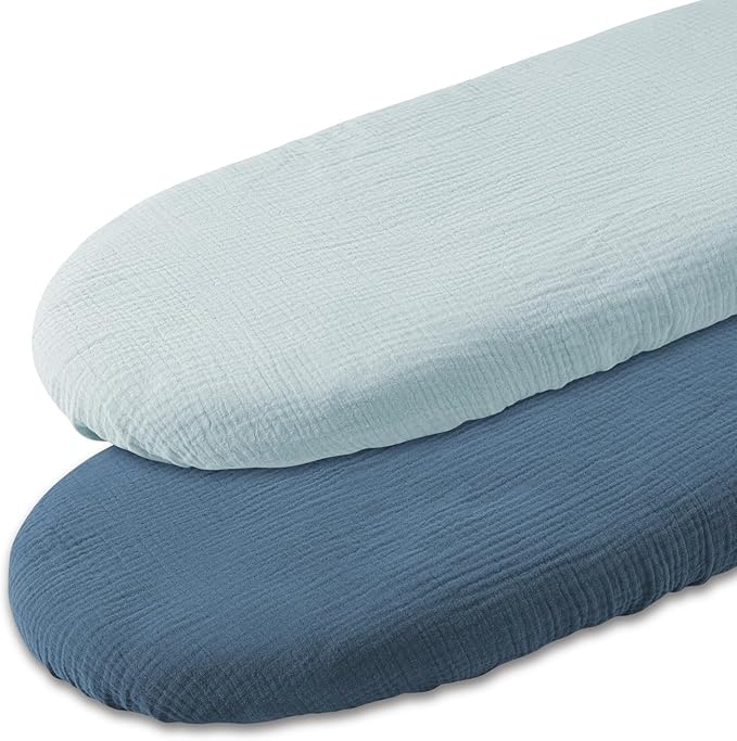 Muslin Bassinet Fitted Sheets, 2 Pack for Baby Boy and Girl, Soft Breathable Baby Pad/Mattress Sheet, Fit for Hourglass Oval and Rectangle Bassinet Mattress (Bright Colors, Bassinet Sheets 2 Pack)