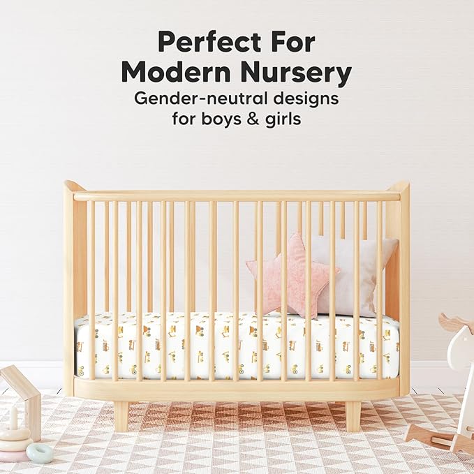 Pack and Play Sheets Fitted, 2-Pack Mini Crib Sheets - Pack N Play Sheets, Organic Fitted Crib Sheet for Pack and Play Mattress, Playard Baby Crib Sheets, Crib Sheets Neutral for Boys (Construction)