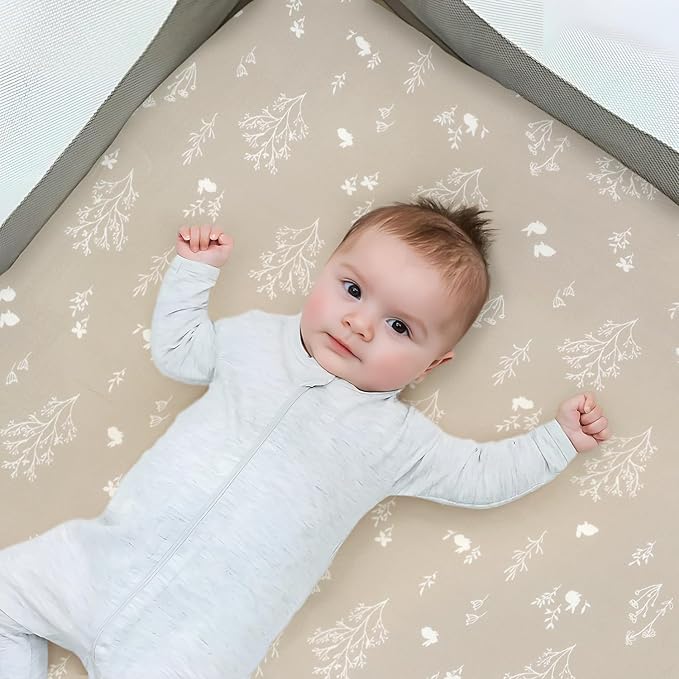 GRSSDER Stretch Ultra Soft Jersey Knit Fitted Pack n Play Sheets Set 2 Pack, Portable/Mini Crib Sheets for Boys and Girls, Stylish Watercolor Rabbit Pattern