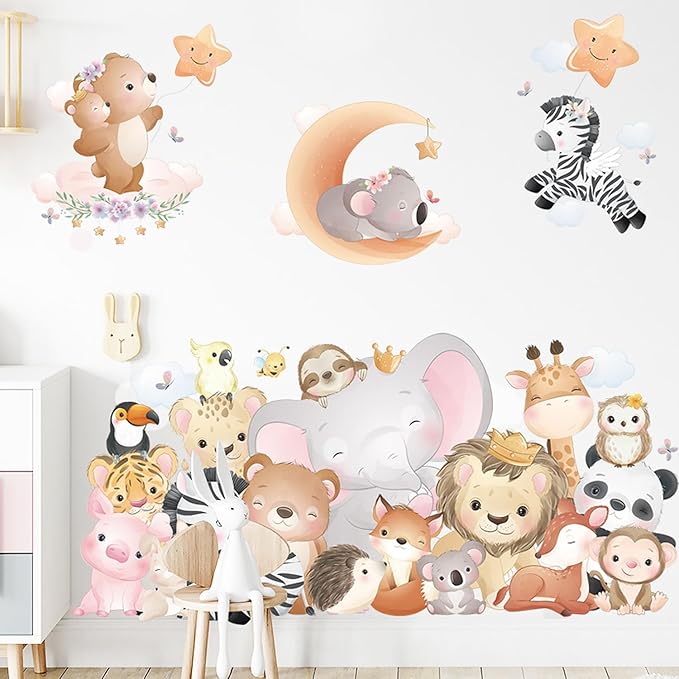 Cartoon Animal Wall Stickers Animal World Elephant Lion Zebra Tiger Giraffe Wall Decals for Kids Baby Nursery Playroom Bedroom Classroom Kindergarten Wall Decor