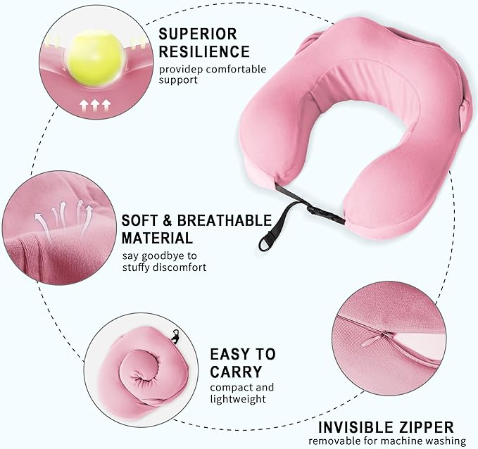 Travel Pillow with Hood for Airplane, 100% Pure Memory Foam Hooded Neck Pillow for Traveling, Car, Office, Soft, Machine Washable, Easy Storage, Pink