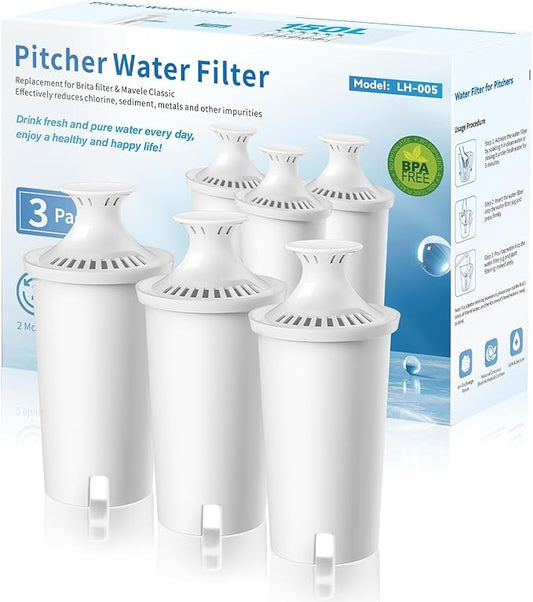Replacement for Brita®Water Filter, NSF Certified Water Filter Pitchers Cartridges for Brita® Classic 35557, Ob03, Mavea® 107007, Lasts Two Months or 40 Gallons,Pack of 3