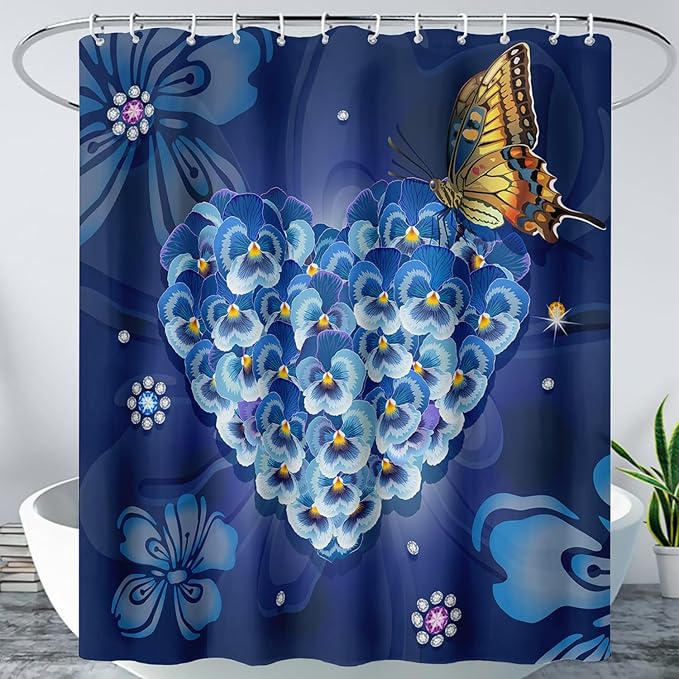 AILONEN Blue Floral Shower Curtain for Girls,Beautiful Butterfly Heart Flower Bath Curtain for Bathroom,Blue Print Polyester Waterproof with 12 Plastic Hooks,72" W*84" H Blue