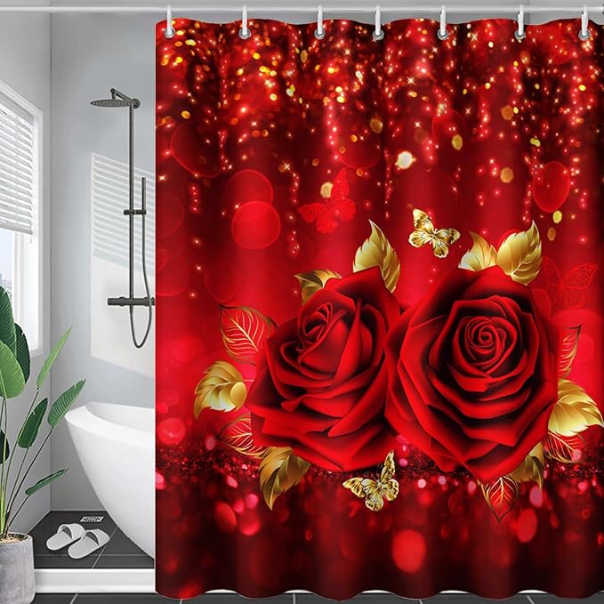 AILONEN Red Rose Shower Curtain for Bathroom,Romantic Rose Flower Waterproof Bath Curtain,Girls Women Curtain Bathroom Decor 72" W x 78" H with 12 Plastic Hooks