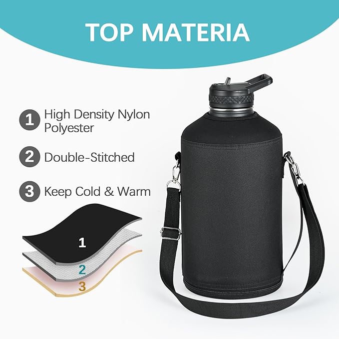 Water Bottle Holder Carrier Bag Crossbody with Adjustable Shoulder Strap, 64 128 oz Sports Water Bottle Sleeve Accessories for Biking Hiking Travelling Camping, Black