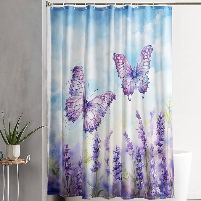 AILONEN Beautiful Butterfly Shower Curtain for Kids Girls Boys, Flying Butterfly Bath Curtains for Bathroom,Blossoming Lavender Flowers Shower Curtain Set with Hooks,72" W*84" H