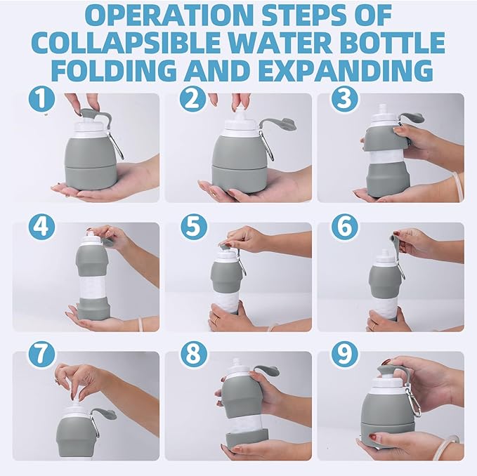 Collapsible Water Bottle, 19.6oz Leakproof Foldable BPA Free Silicone Reusable Sports Bottle, Portable Refillable Bottles with Carabiner, Ideal for Travel Hiking Outdoor Camping Gym (Gray)