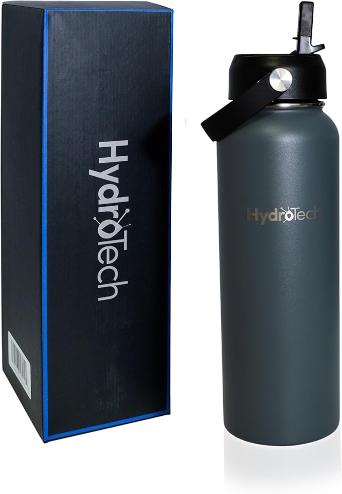 HydroTech Stainless Steel Leak Proof Water Bottle with Double Wall Insulation and 2 Lids (Straw Lid) - 40 OZ. (Dark Gray)
