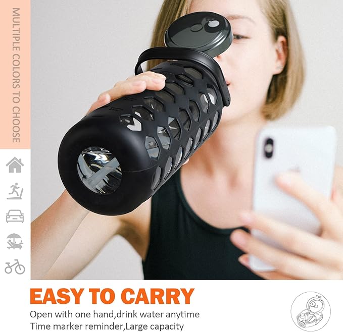 MUKOKO Half Gallon/64 oz Glass Water Bottles with Straw and Lid,Motivational Water Jug with Time Marker Reminder and Silicone Sleeve,100% Leakproof BPA Free Fitness Sports Large Bottle-Black