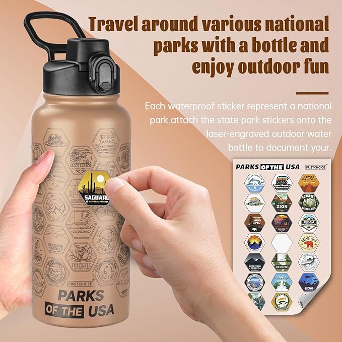 National Parks Water Bottle with Stickers and Straw,32oz Double Wall Vacuum Wide Mouth Insulated Water Bottle for Travel,BPA-free and Leak-proof (32oz,Mocha)