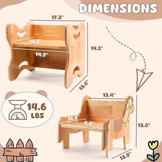 Grebarley Montessori Weaning Table and Chair Set, Solid Wood Tables and Chairs for Toddlers Age 1-3, Real Hardwood 2 in 1 Desk for Reading, Snack Time, Activity Cube, Step Stool, Montessori Furniture