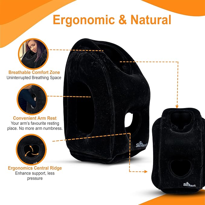 Inflatable Travel Pillow - Airplane Pillow for Neck Support on Long Flights, Buses, Cars, Office & Trains - Comes with Eye Mask, Earplugs & Portable Drawstring Bag - Black