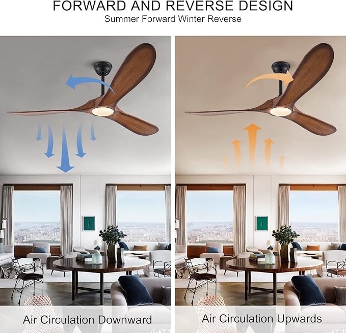 BOJUE Ceiling Fans with Lights 60 Inch Indoor Outdoor Ceiling Fan with Remote Control & 3 Wood Blade,Wood Ceiling Fan for Patio Living Room Bedroom (Light Brown Blades)