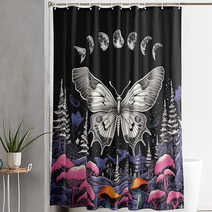 AILONEN Moth Shower Curtain for Kids Girls Boys, Boho Sun Moon with Mushroom Shower Curtains for Bathroom,Natural Plants Shower Curtain Set with Hooks,72" W*72" H