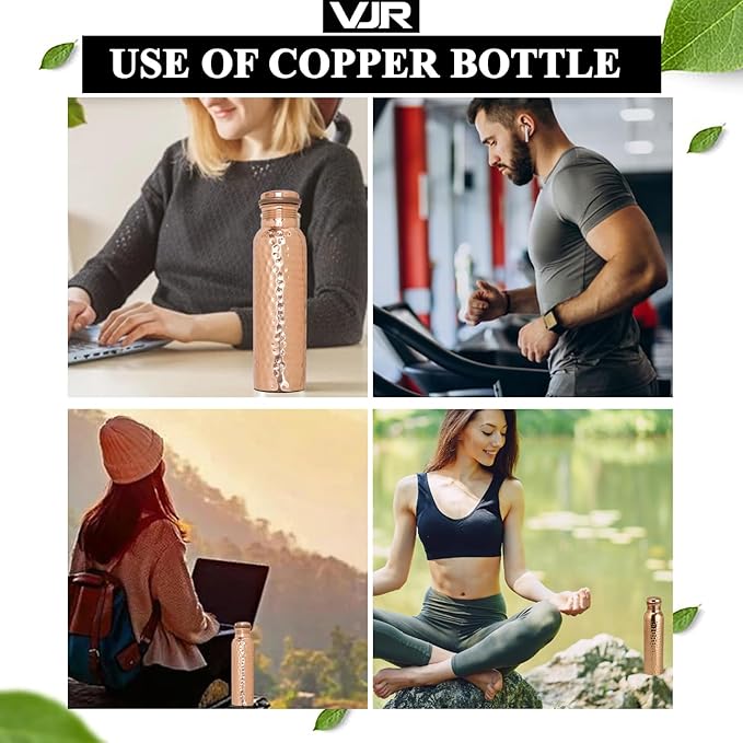 VJR Copper Bottle For Drinking 33 Oz Ayurvedic Leak Proof lid Hammered Design Durable Lightweight Hand Washable Vessel Clean Cool Water Natural Minerals Boost Energy Safe Water Utensil