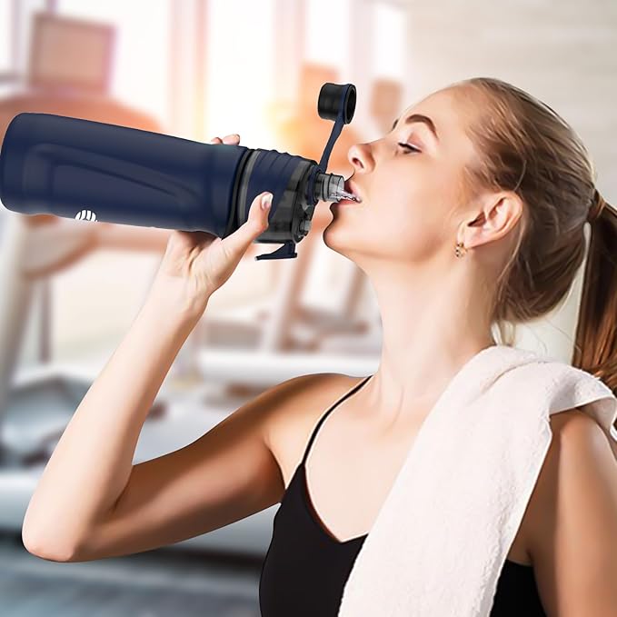 Misting Water Bottle, 24oz Insulated Water Bottle, 2-in-1 Mist & Sip Stainless Steel Water Bottles, Thermo for Hot Drinks/Cold Drinks, Sports Water Bottle for Hiking, Running, Gym, Navy Blue