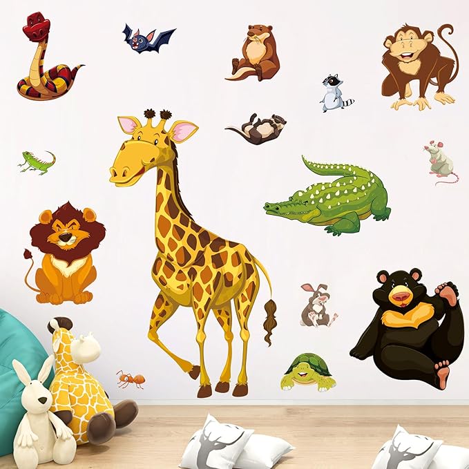 Jungle Animals Wall Decals Woodland Animals Wall Stickers Giraffe Lion Crocodile Bear Wall Sticker Removable DIY Peel and Stick Mural Art Decor for Kids Baby Bedroom Living Room