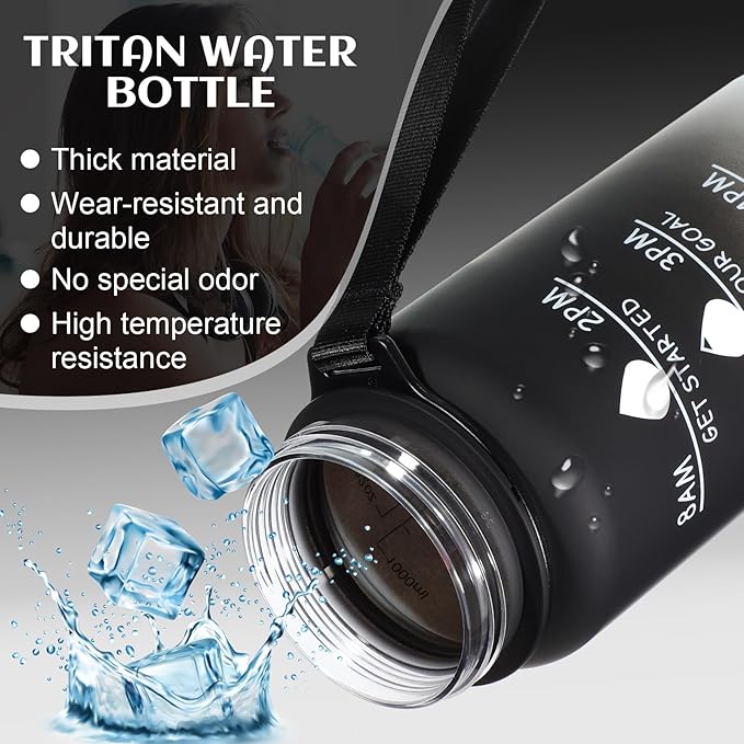 Water Bottle 32 oz, Motivational Sports Water Bottles Tritan BPA Free Water Bottle No Straw With Time Marker, Wide Mouth Leakproof Water Bottle with Strap for Gym Fitness Hiking Bike Camping - Black