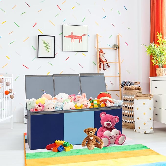 Large Toy Box Chest with Lid, Oxford Collapsible Sturdy Toy Storage Boxes Bins Baskets for Boys, Girls, Closet, Playroom, Nursery Room, 39"x15.5"x13" (Light Blue & Dark Blue)