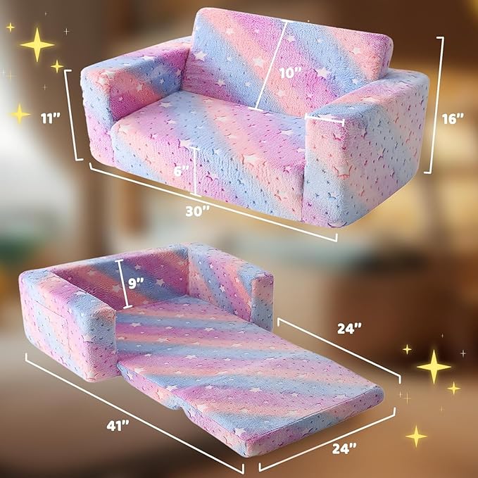 Kids Sofa, Glow in The Dark Toddler Chairs Children's Extra Wide Convertible Sofa to Lounger - Extra Soft 2 Seats 2 in 1 Flip Open Chair & Sleeper, Toddler Couch, Kids Sofa Bed