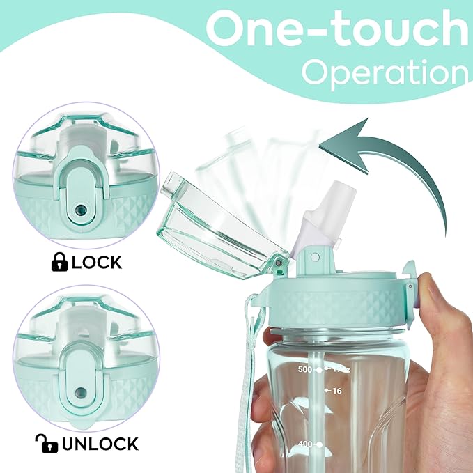 OLDLEY Kids Water Bottle with Straw 15 oz BPA-Free Leak-Proof Motivational Water Bottles with Time Marker for School Sports Travel Gym, Easy to Use for Girls Goys, 1 Straw Lid, Transparent-green