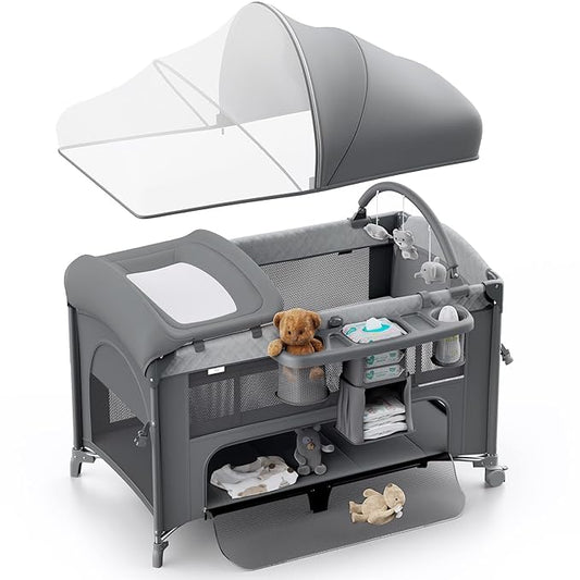 4 in 1 Baby Bassinet, Pack and Play, Bedside Crib Sleeper, Diaper Changer - Comes with Mattress, Mosquito Net，Bottom Storage and Toy Bar for Newborn to Toddles