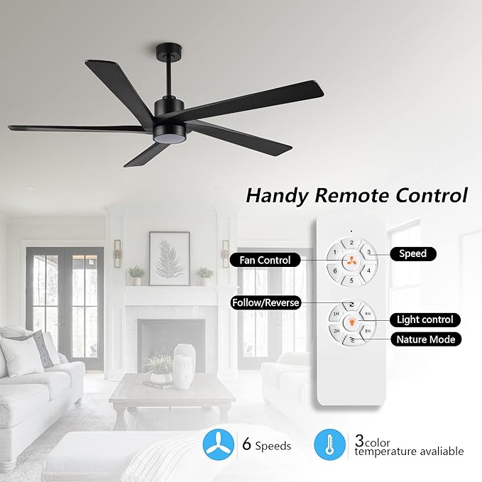 WINGBO 64" DC Ceiling Fan with Lights, 5 Carved Solid Wood Blades, 6-Speed Reversible DC Motor, Matte Black Finish Ceiling Fan with Remote, Black