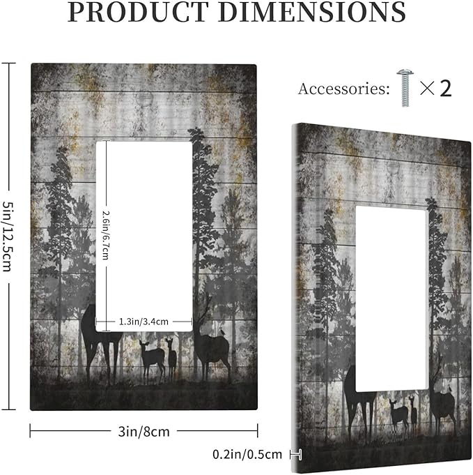 Rustic Deer Forest Vintage Wood Board 1 Gang Rocker Boho Light Switch Covers Decorative Country Unique Single Decora Outlet Wall Plate Faceplate Switchplate GFCI for Farmhouse Bedroom