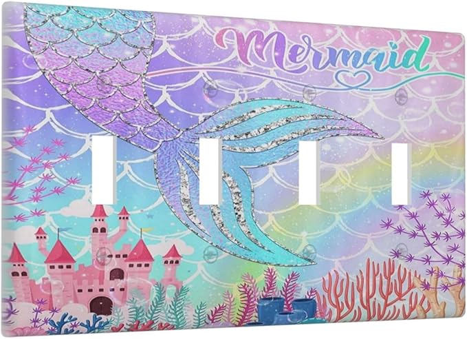 Silvery Glitter Cute Mermaid Tail Fantasy Castle Quad Toggle Light Switch Covers 4 Gang Wall Plate Decorative Switchplate Electrical Faceplate for Kidroom Nursery Bedroom Kitchen Decor
