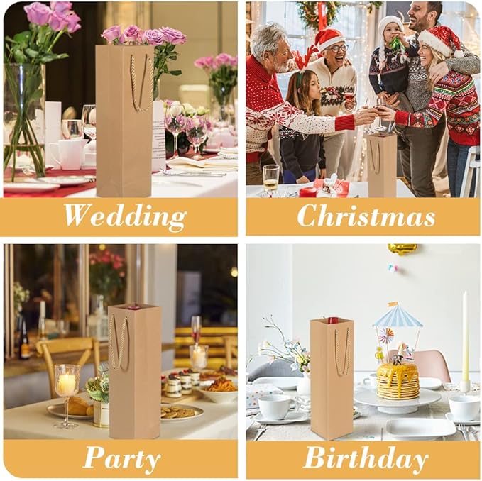 HRX Package Premium Kraft Paper Wine Gift Bags with Handles, 12PCS Sturdy Single Bottle Wine Holder Tote Bag for Christmas, Party, Shopping, Retail Merchandise (Brown)