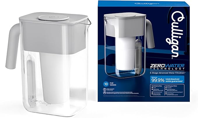 Culligan with ZeroWater Technology 10-Cup Water Filter Pitcher – Includes 5-Stage Advanced Water Filter, IAPMO Certified to Reduce Lead, Total PFAS (Forever Chemicals), Mercury, Fluoride, and Chlorine