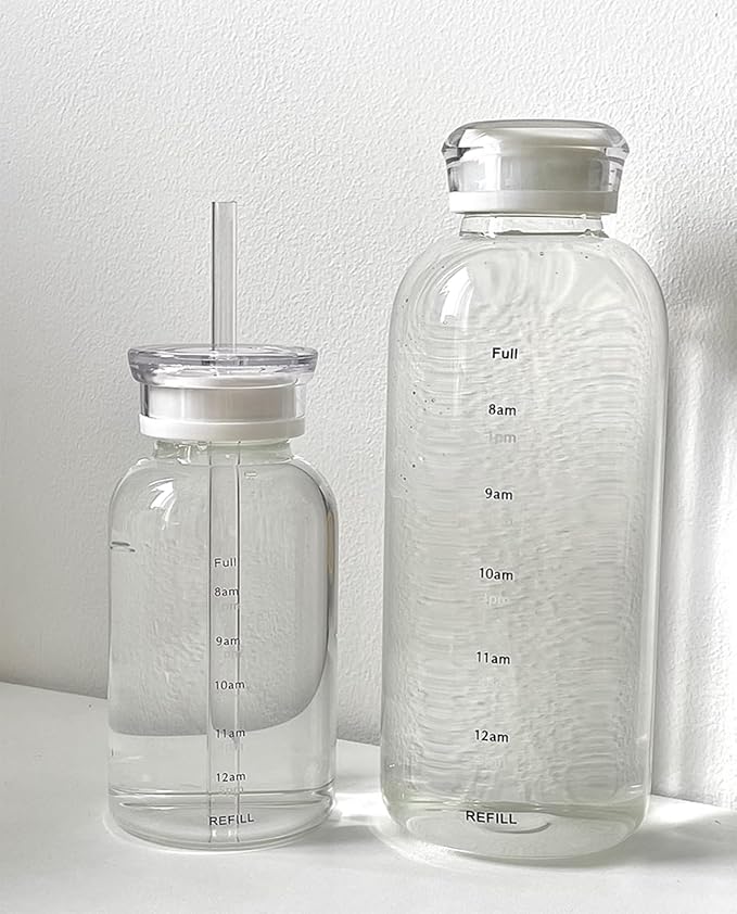 Glass Water Bottles With Double Lid,16OZ Clear Water Bottle With Time Marker,Water Bottle With Straw, Circle Water Bottle For Milk,Juice, Coffee(550ml,White)